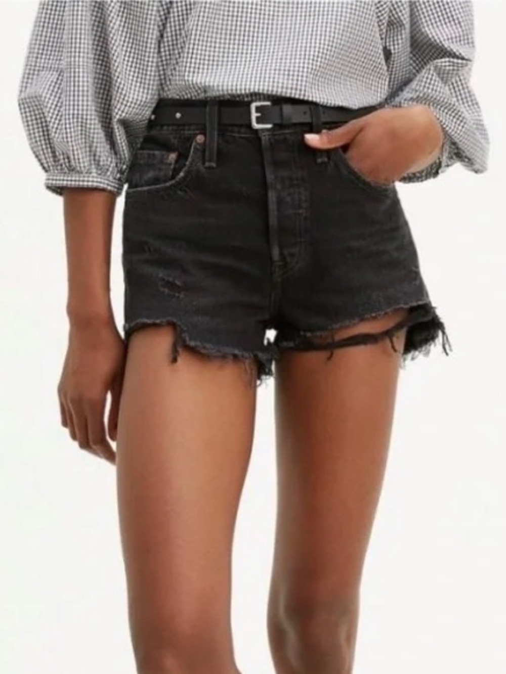 Leviβs 501 High Rise Black Distressed Denim Shorts Size 26